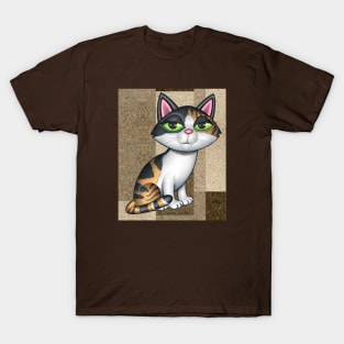 Fun Calico Kitty Cat on tan, brownish background shapes T-Shirt